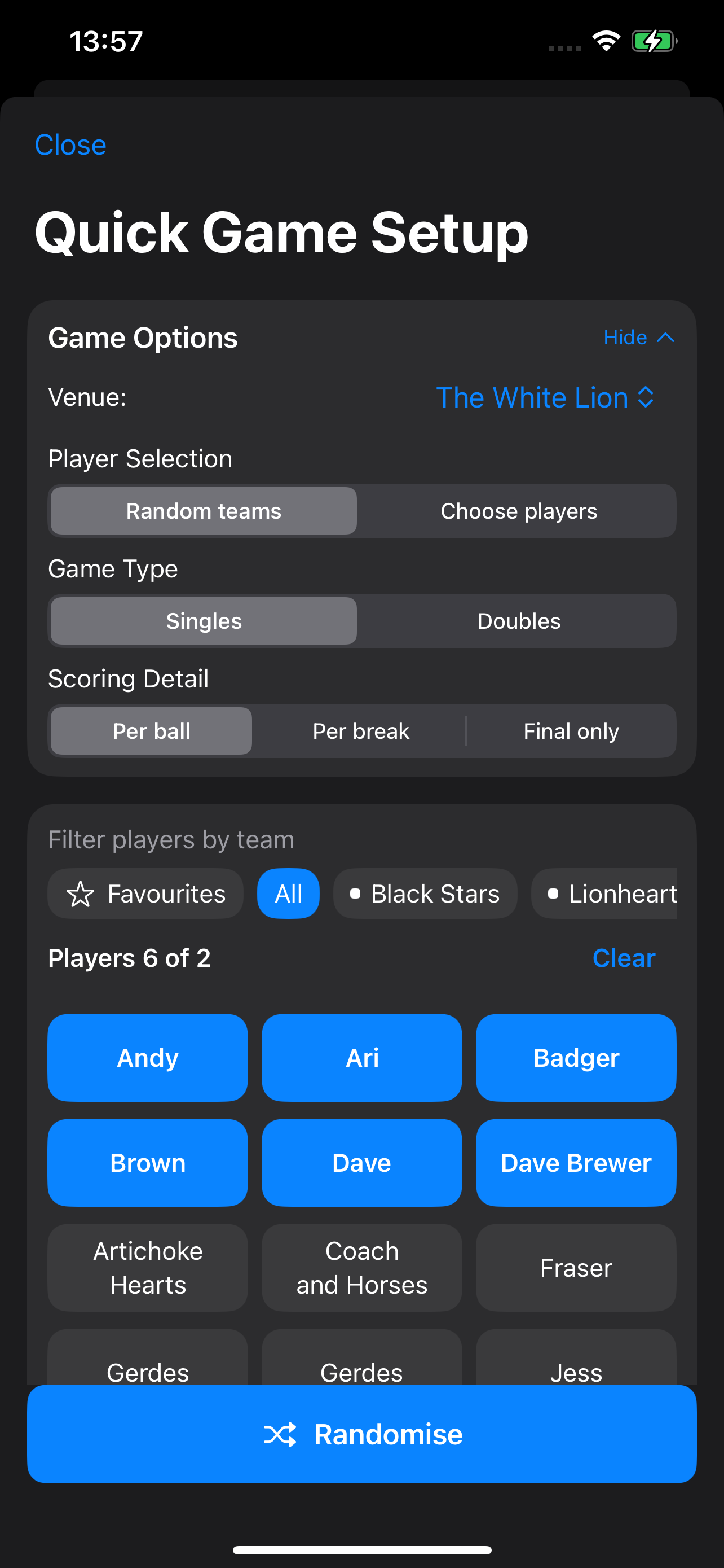 Quick game setup screen